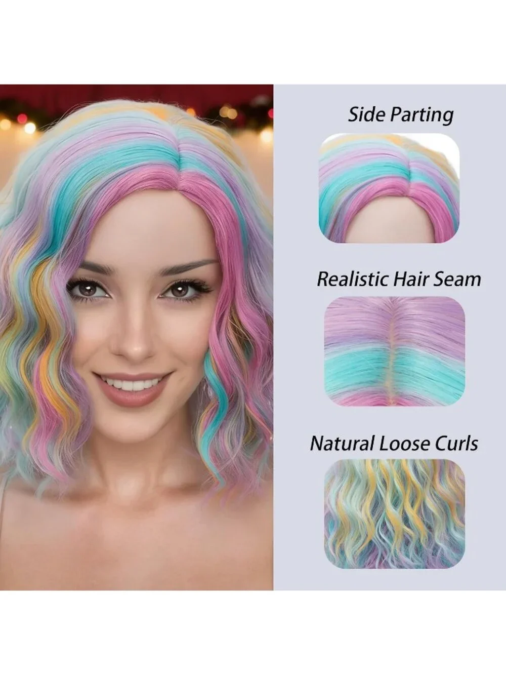 Women's 14 Inch Rainbow Wavy Bob Wig Short Curly Synthetic Heat Resistant